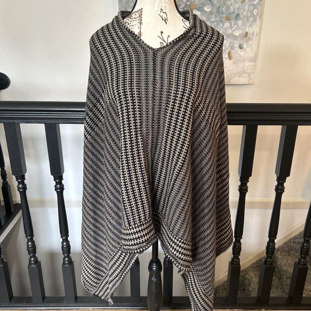 Habitat Poncho Women One Size Knit Black Brown 100% Cotton Wrap Sweater Pullover